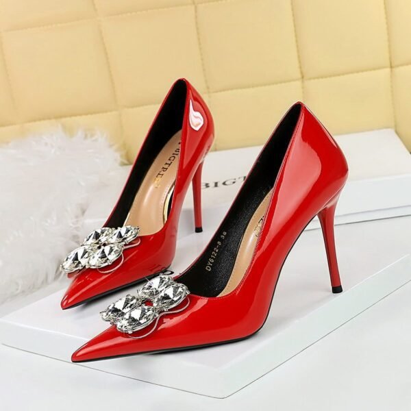 Bigtree Shoes 6122-K59 European and American Style Banquet High Heels Women's Shoes Stiletto Heel Super High Heel Patent Leather Shallow Mouth Pointed Rhinestone Buckle Single-Layer Shoes