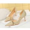 8829-A1 Korean version of high-heeled shallow-mouth pointed side hollow cloth plaid pearl metal chain houndstooth shoes