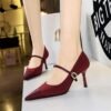 BIGTREE SHOES 9116-A3 Banquet High Heels Stiletto Low-Cut Pointed Corduroy Metal Buckle Ankle-Strap High Heel Pumps Women