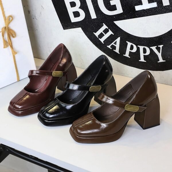 BIGTREE SHOES 1868-k93 Retro Style European and American High Heels Women's Shoes Chunky Heel High Heel Waterproof Platform Metal Buckle Ankle-Strap Shoes