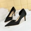BIG TREE 3165-A8 European and American Fashion Minimalist Banquet Side Hollow High Heel Stiletto Low Mouth Pointed Toe Satin Women's Shoes