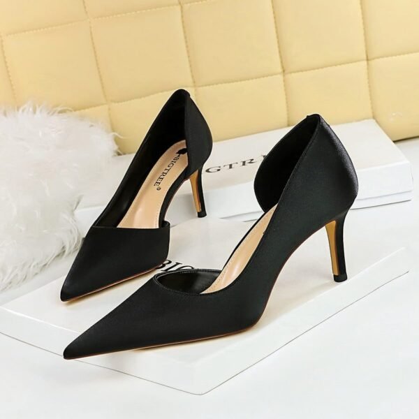 BIG TREE 3165-A8 European and American Fashion Minimalist Banquet Side Hollow High Heel Stiletto Low Mouth Pointed Toe Satin Women's Shoes