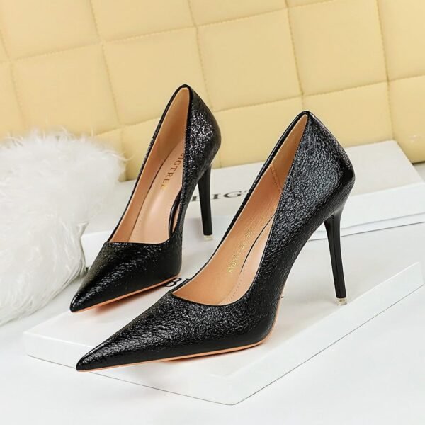BIG TREE SHOES 9511-38 Retro European American Style Banquet High Heels Women's Shoes Metal Heel High Heel Low-Cut Pointed Sequined Women's Shoes