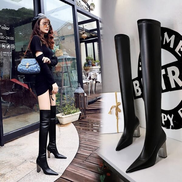 BIG TREE SHOES 3128-16 European and American Style Fashion Metal Heel Chunky Heel High Heel Pointed Toe Thinner Pedicure over-the-Knee Boots