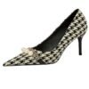 ca6de67409558d99dd22798bad5cda7d 9283-A1 European and American thin-heeled high-heeled shallow-pointed cloth plaid houndstooth metal chain pearl shoes