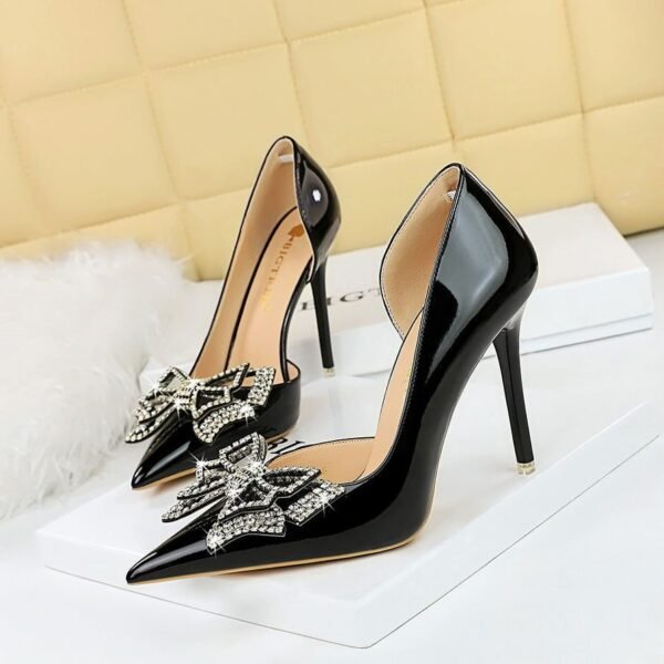 BIG TREE SHOES 638-H18 European and American Style Banquet High Heels Shallow Mouth Pointed Patent Leather Stilettos Super High Heel Rhinestone Bow Pumps