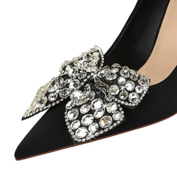BIG TREE SHOES 18249-h29 European and American Style Banquet High Heels Stiletto Heel Shallow Mouth Pointed Toe Satin Rhinestone Bow High Heel Pumps