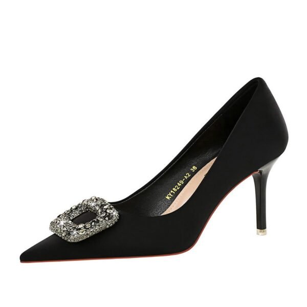 Bigtree Shoes 18249-ak83 European and American Style Banquet Women's Shoes Stiletto Heel Shallow Mouth Pointed Toe Satin Metal Rhinestone Buckle Women's Shoes