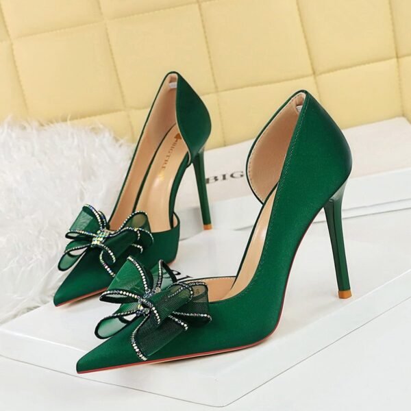 cb8f92f360a06b3af140edd6a305a9e6 BIGTREE SHOES 626-H38 European and American Style High Heels Women's Shoes Stiletto Heel Shallow Mouth Pointed Toe Side Hollow Rhinestone Bow Pumps Wedding Shoes
