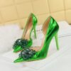 BIGTREE SHOES 18188-H27 European and American Banquet High Heels Light Luxury Women's Shoes Shallow Mouth Pointed Toe Side Hollow Rhinestone Bow Pumps