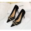 7239-1 European And American Fashion Slim Thin-heeled Super High-heeled Women's Shoes Shallow Pointed Big Metal Buckle Shoes
