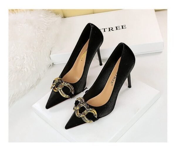7239-1 European And American Fashion Slim Thin-heeled Super High-heeled Women's Shoes Shallow Pointed Big Metal Buckle Shoes