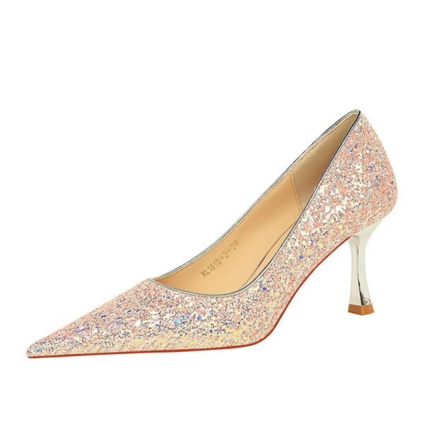 BIG TREE SHOES 1818-3 Korean Style Fashion Banquet High Heels Metal Heel High Heel Low-Cut Pointed Shining Sequin Cloth Pumps Women's Shoes