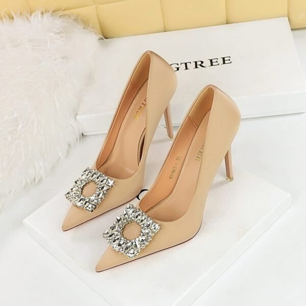 Big Tree Shoes 1983-K1 European and American Style Spring and Autumn Banquet High Heels Women's Shoes Super High Heel Shallow Mouth Pointed Toe Satin Rhinestone Buckle Pumps