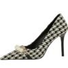 9283-1 European and American style houndstooth high-heeled high-heeled shallow-pointed pearl chain plaid women's shoes