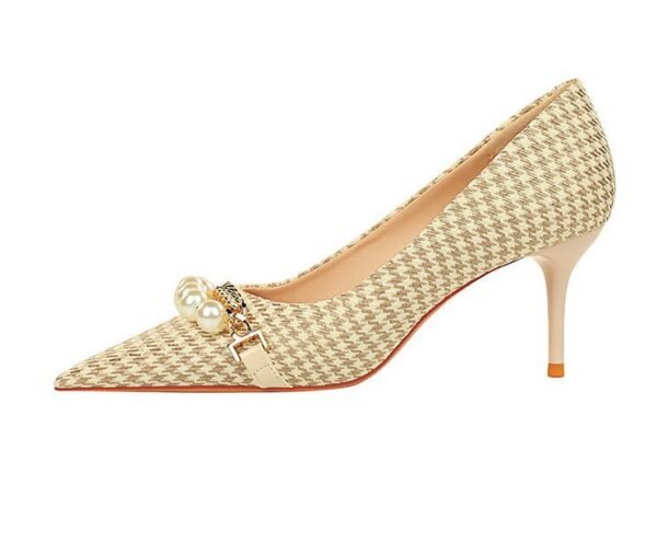 ce84d9c5febdf582c7c5ff34631ab0b8 9283-A1 European and American thin-heeled high-heeled shallow-pointed cloth plaid houndstooth metal chain pearl shoes