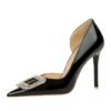 BIGTREE SHOES 638-K32 European and American Banquet High Heels Patent Leather Stilettos Shallow Mouth Pointed Toe Side Hollow out Rhinestone Buckle Super High Heel Shoes