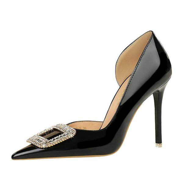 BIGTREE SHOES 638-K32 European and American Banquet High Heels Patent Leather Stilettos Shallow Mouth Pointed Toe Side Hollow out Rhinestone Buckle Super High Heel Shoes