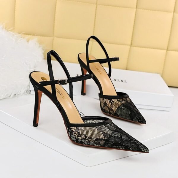 221-8 European and American Thinner Stiletto Heel Shallow Mouth Pointed-Toe Hollowed Mesh Lace Strap Sandals