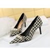 d1468d9c483b818891be9c5409f3f2a0 9283-A1 European and American thin-heeled high-heeled shallow-pointed cloth plaid houndstooth metal chain pearl shoes
