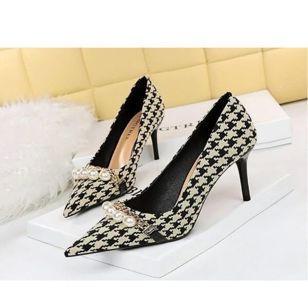 d1468d9c483b818891be9c5409f3f2a0 9283-A1 European and American thin-heeled high-heeled shallow-pointed cloth plaid houndstooth metal chain pearl shoes