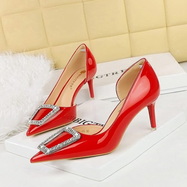 BIGTREE SHOES 638-Ak28 European and American Style Banquet Shiny Patent Leather High Heels Women's Shoes Side Hollow-out Pointed Toe Metal Rhinestone Buckle Pumps