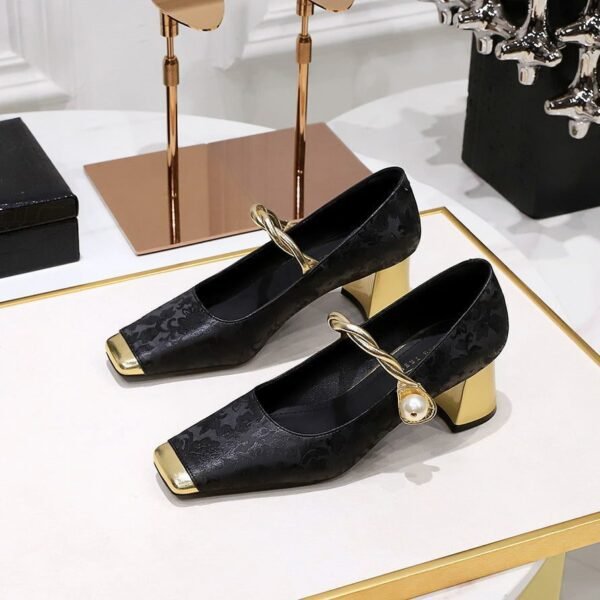 BIGTREE SHOES 5288-6 National Style Women's Shoes Banquet Chunky Heel Mid Heel Satin Embroidered Color Matching Square Toe Low-Cut Pearl Ankle-Strap Shoes