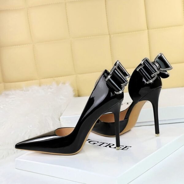 BIG TREE SHOES 638-H35m European and American Banquet High Heels Patent Leather Stilettos Shallow Mouth Pointed Toe Side Hollow Back Rhinestone Bow Pumps