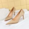 1983-a1 Korean Style Stylish Simple and Versatile High Heels Stiletto Heel Shallow Mouth Pointed Toe Spring and Autumn Satin Women's Shoes BIG TREE SHOES
