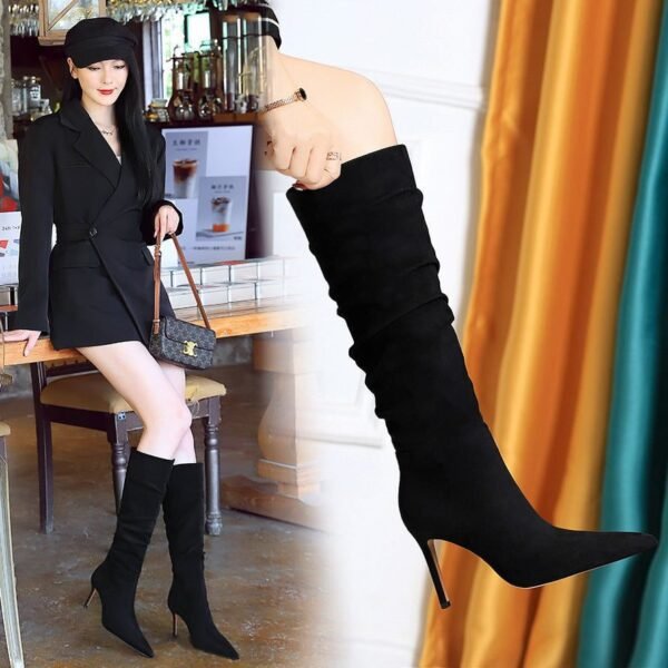BIGTREE SHOES 315-A19 Retro European American Style Winter Female Boots Super High Heel Stiletto Heel Wrinkled Suede Pointed Toe Banquet High Leg Boot