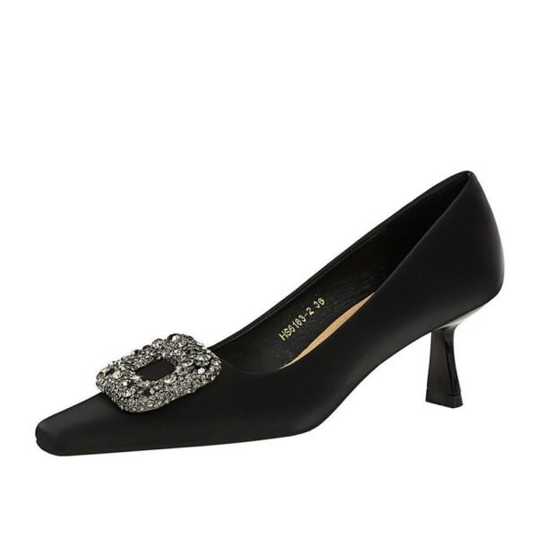 Bigtree Shoes 633-2k83 European and American Style All-Match Banquet Women's Shoes Stiletto Heel Shallow Mouth Square Toe Metal Buckle Rhinestone Buckle Single
