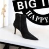 BIG TREE SHOES 9878-2 European and American Simple Slimming Banquet Female Boots Stiletto Heel Pointed Black Denim Fabric Ankle Boots