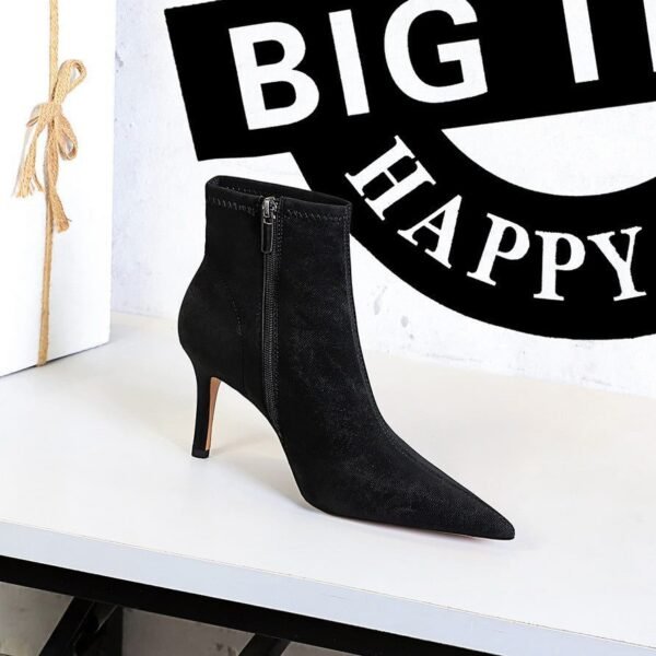 BIG TREE SHOES 9878-2 European and American Simple Slimming Banquet Female Boots Stiletto Heel Pointed Black Denim Fabric Ankle Boots