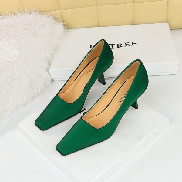 BIG TREE SHOES 6183-2 European and American Style Simple Stiletto Heel Satin Low-Cut Square Toe Women's Shoes Business OL All-Matching High Heels Pumps