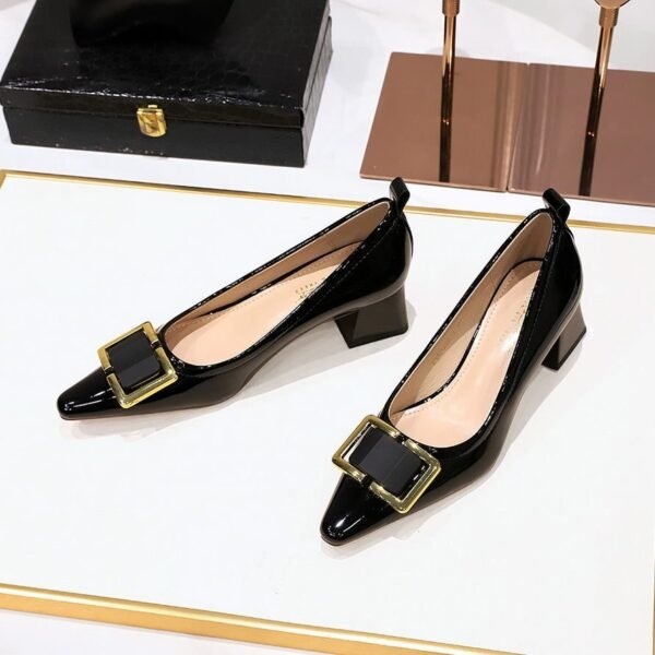 d549f9571a8439d99c5b032b5b6bfd06 BIGTREE SHOES 1235-K57 European and American Commuters' Women's Shoes Mid Heel Chunky Heel Patent Leather Low-Cut Square Toe Metal Buckle Decoration Spring and Autumn Single-Layer Shoes