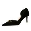 BIGTREE SHOES 1363-AK81 European and American Women's Shoes Stiletto Heel Shallow Mouth Pointed Side Hollow Metal Decoration Thick Suede Pumps