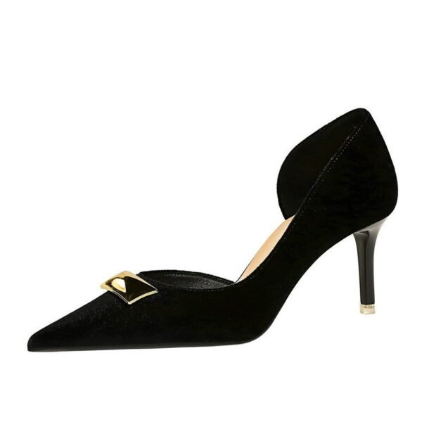 BIGTREE SHOES 1363-AK81 European and American Women's Shoes Stiletto Heel Shallow Mouth Pointed Side Hollow Metal Decoration Thick Suede Pumps