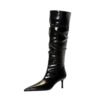 big tree shoes 328-18 Retro European American Style Winter New Middle Heel Fine Heel Pointed Patent Leather Wrinkled Tube Female Boots High Leg Boot