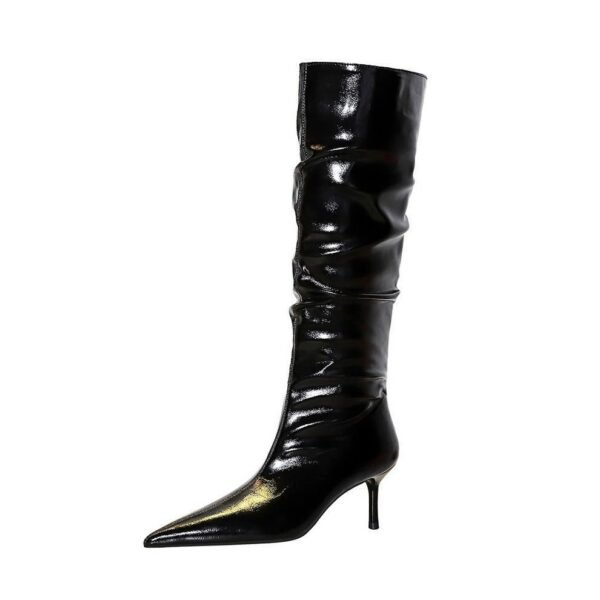 big tree shoes 328-18 Retro European American Style Winter New Middle Heel Fine Heel Pointed Patent Leather Wrinkled Tube Female Boots High Leg Boot