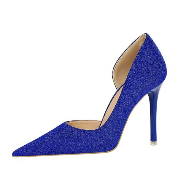 BIG TREE SHOES 1298-1 Retro European American Style High Heels Stiletto Heel Shallow Mouth Pointed Toe Side Hollow Shining Sequin Cloth Women's High Heel Shoes