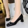 BIGTREE SHOES 5293 Retro Style Women's Shoes Chunky Heel Mid-Heel Low-Cut Stitching Square Toe European and American Banquet Versatile Fashion New Single Layer Shoes Women
