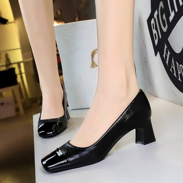 BIGTREE SHOES 5293 Retro Style Women's Shoes Chunky Heel Mid-Heel Low-Cut Stitching Square Toe European and American Banquet Versatile Fashion New Single Layer Shoes Women