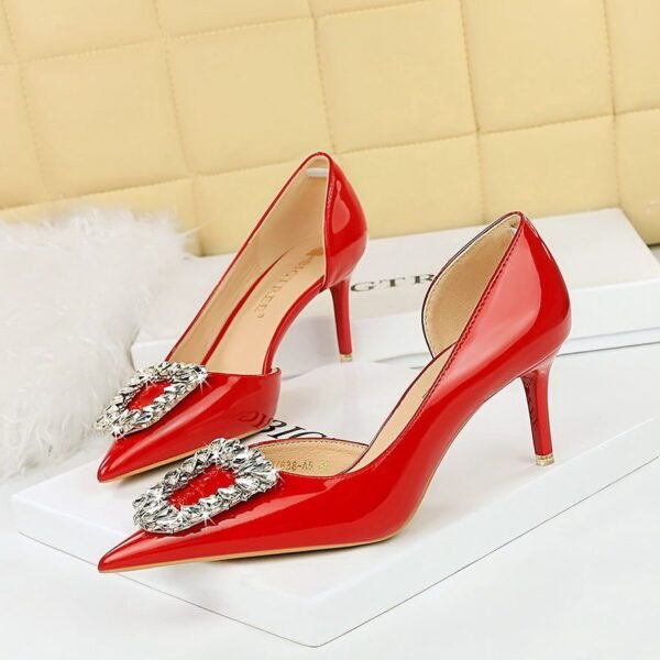 BIG TREE SHOES 638-Ak30 European and American Style Banquet Women's Shoes Stiletto Heel Patent Leather Low-Cut Pointed Toe Side Hollow Rhinestone Buckle Women's Shoes