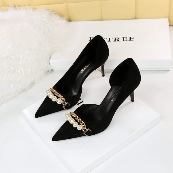 8829-a2 Korean Style Banquet Stiletto Heel Suede Shallow Mouth Pointed Pearl Metal Chain Side Hollow Women's Shoes