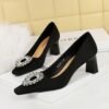 d82deaae745c17ad55fe734005c9801f BIG TREE SHOES 6186-k29 European and American Style Fashion Banquet High Heel Women's Shoes Thick Heel Satin Low-Cut Square Toe Metal Rhinestone Buckle Pumps