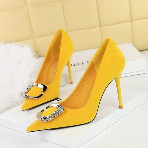 BIGTREE SHOES 825-K52 Banquet High Heels Women's Shoes Stiletto Heel Shallow Mouth Pointed Toe Suede Metal Rhinestone Belt Buckle Pumps