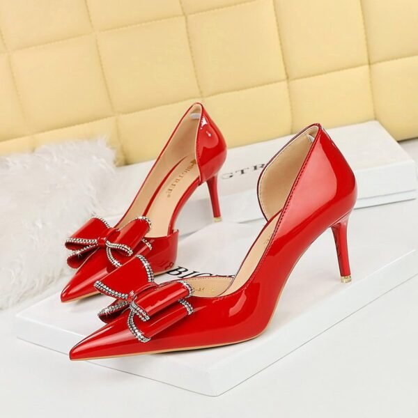 BIGTREE SHOES 638-Ah35 European and American Style Fashion Banquet Women's Shoes High Heel Low-Cut Pointed Patent Leather Side Empty Rhinestone Bow Pumps