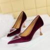BIGTREE SHOES 1818-K36 European and American Style Banquet High Heels Thickened Suede Shallow Mouth Pointed Triangle Metal Rhinestone Buckle Shoes
