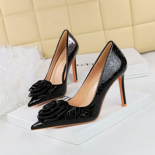 BIGTREE SHOES 1983-H56 Banquet High Heels Women's Shoes Shallow Mouth Pointed Toe European and American Style Metal Stone Pattern Flower Super High Heel Shoes