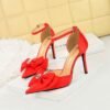 BIGTREE SHOES 9863-H33 European and American Style High Heels Women's Shoes Shallow Mouth Pointed Hollow Satin Bow Strap High Heel Sandals
